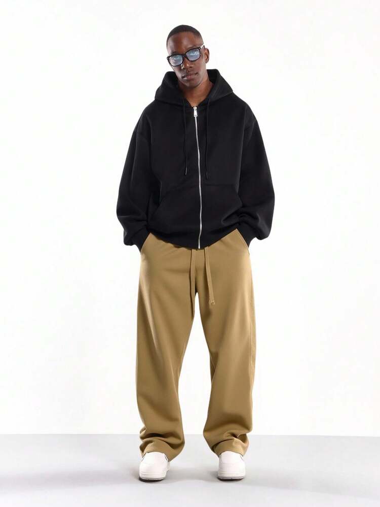 Wide Leg Cotton Blend Sweatpants With Drawstring Pockets