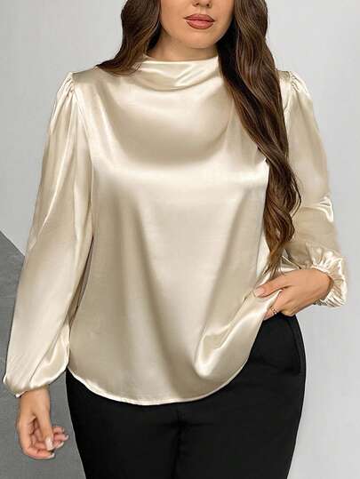 Firerie Plus Size Elegant Champagne Satin Silk Blouse For Women,Beige Autumn Wedding Guest Formal Blouses,Ruffle Shoulder Long Sleeve Office Party Silk Tops