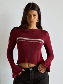 SHEIN BAE 女式简约常规喇叭袖圆领毛衣上衣 - 酒紅色 - 查看 6