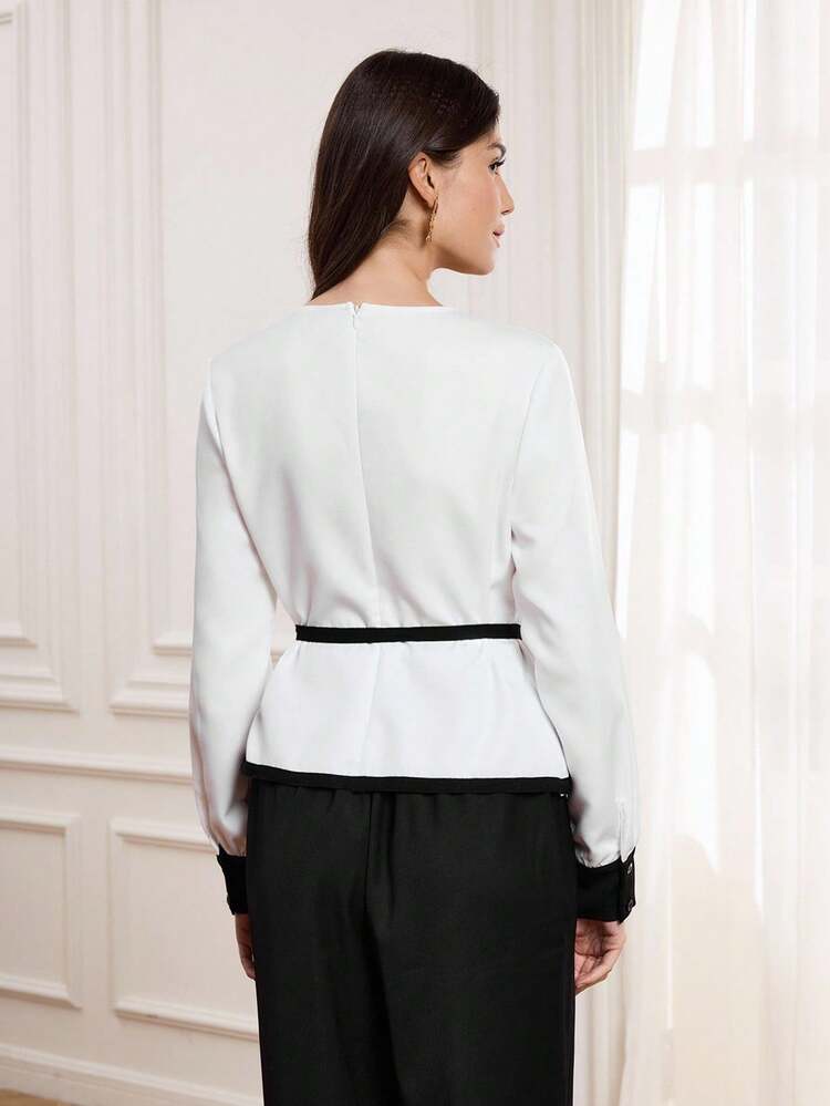Autumn And Winter Women's Elegant Shirts, Black Contrast Stitching Shirts, Waist Tie Fashionable Shirts, Women's Going Out Tops White And Black Top Full Sleeve Top White Peplum Top Black Trim Top,Women's Fall Shirt,Chic Women's Shirt,White Top New Year