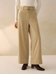 INAWLY Calça feminina casual cor sólida versátil com cinto solto