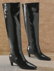 SHUZIA Giày bốt cao đến đầu gối màu đen, chất liệu da PU giả, mũi nhọn, gót thấp, thoải mái cho mùa đông, thích hợp cho kỳ nghỉ lễ - màu đen - Xem 4