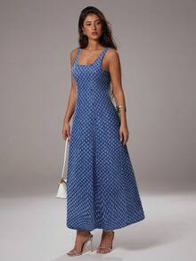 Avantive 夏威夷女装 野餐服 俱乐部服 茶会服 毕业服 派对女装 办公室女装 西部女装 女士优雅长款提花牛仔连衣裙 - 藍色 - 查看 5