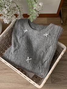 DAZY Suéter de cuello redondo de manga larga con nudo de lazo de punto trenzado de unicolor, informal, para primavera/otoño - Gris - Ver 8