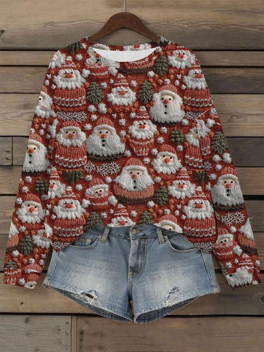 EMERY ROSE Sudadera de punto de cuello redondo de manga larga informal con estampado de copos de nieve y Papá Noel