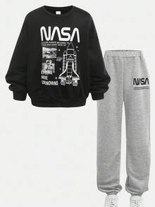 SHEIN 青少年男孩休闲宽松圆领运动衫套装 - 黑色 - 查看 8