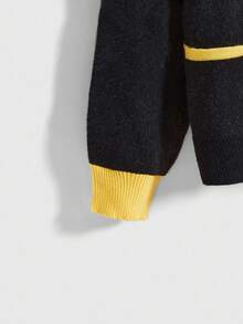 ROMWE Street Life Plus Size Women's Loose Knit Cardigan With Street & School Inspired Letter, Number & Color Block Design, Suitable For Autumn/Winter Sports - Black - View 4