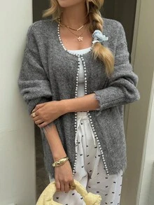 Livesso 女士休闲珍珠装饰开衫，秋季 - 灰色 - 查看 3