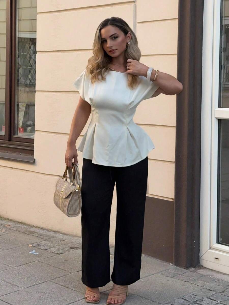 Jeta Ari Calça Capri de perna larga texturizada casual de verão - Preto - Ver 1