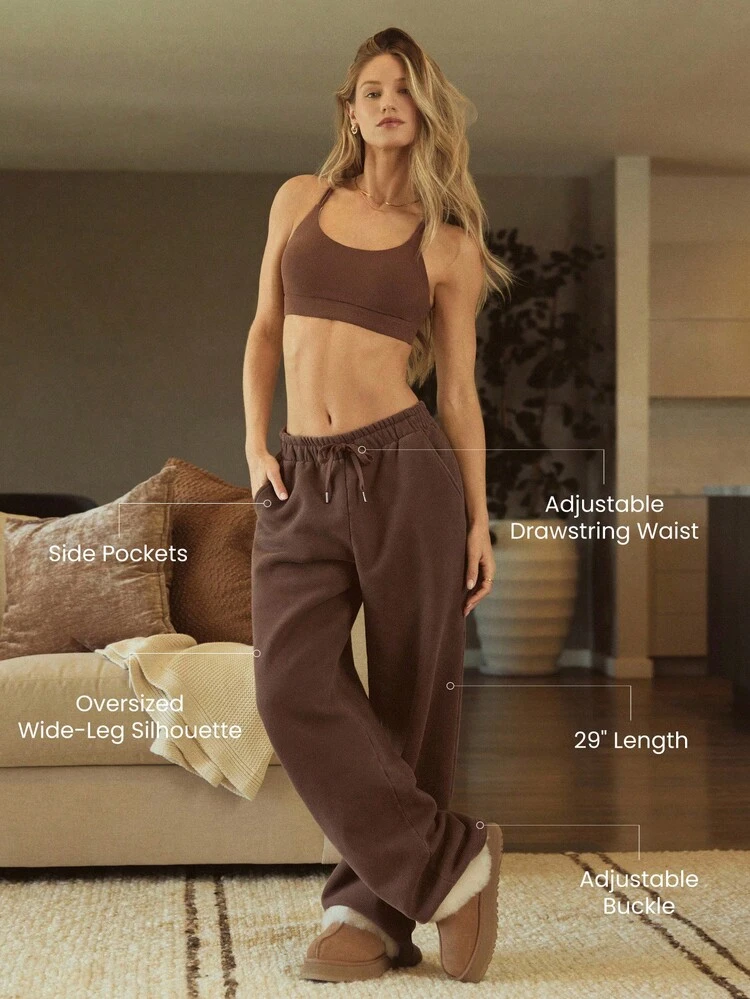 Heavyweight Fleece Oversized Fit Adjustable Drawstring Waist Basic Wide Leg Joggers With Side Pockets Daily Casual  Thermal Warm Winter