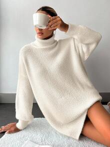 EURMUSE Women's Casual Daily Commute Simple Solid Color High Neck Dropped Shoulder Loose Fluffy Knit Sweater, Autumn/Winter - White - View 5