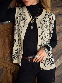 LanaWest Áo khoác cardigan dáng rộng, họa tiết chắp vá, có túi cài nút phía trước, phong cách du lịch thường ngày dành cho nữ, mùa thu/đông - Màu be - Xem 3