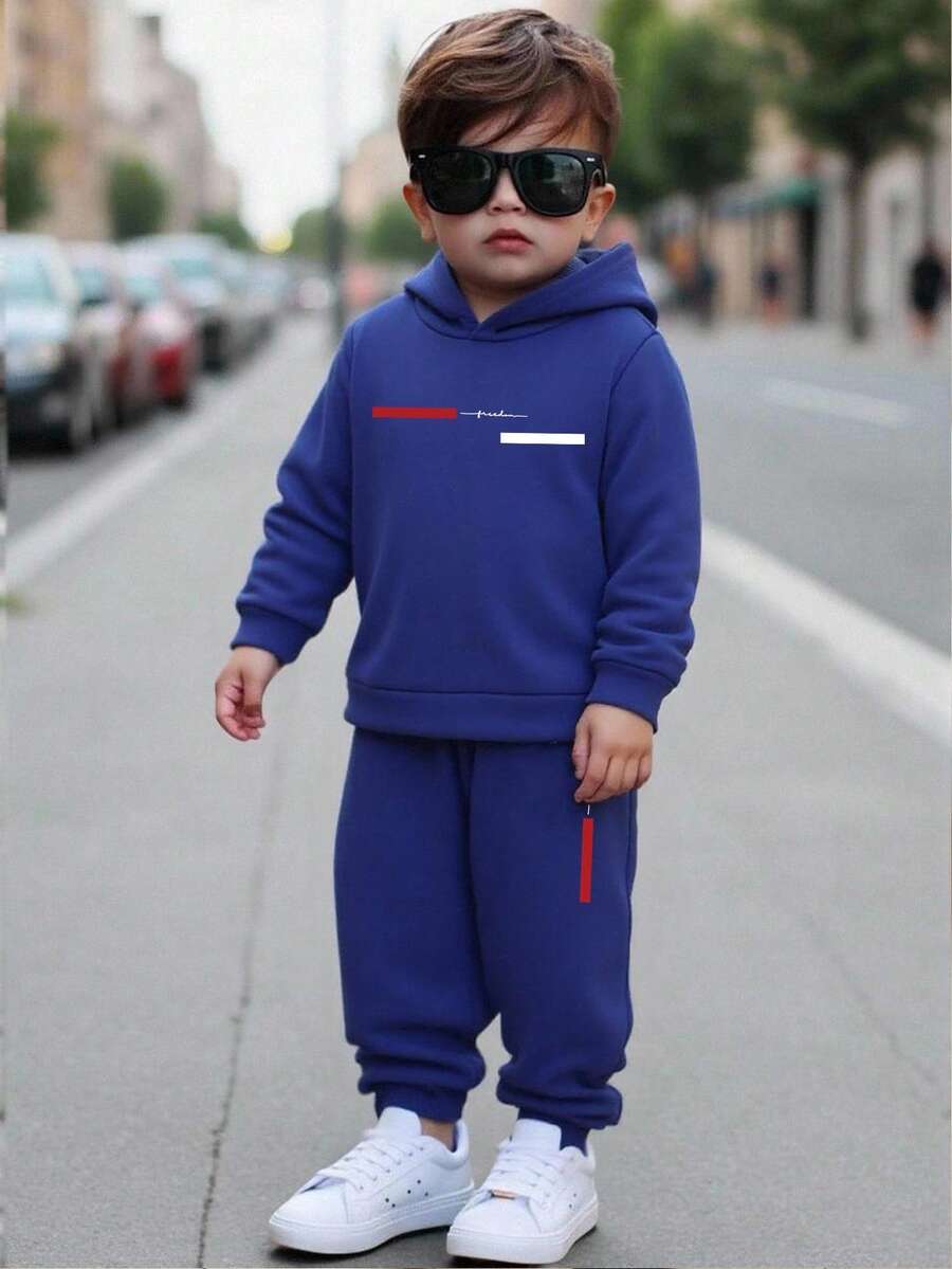 2 件套年轻男孩休闲条纹印花连帽衫和裤子套装，春秋 - 藍色 - 查看 1