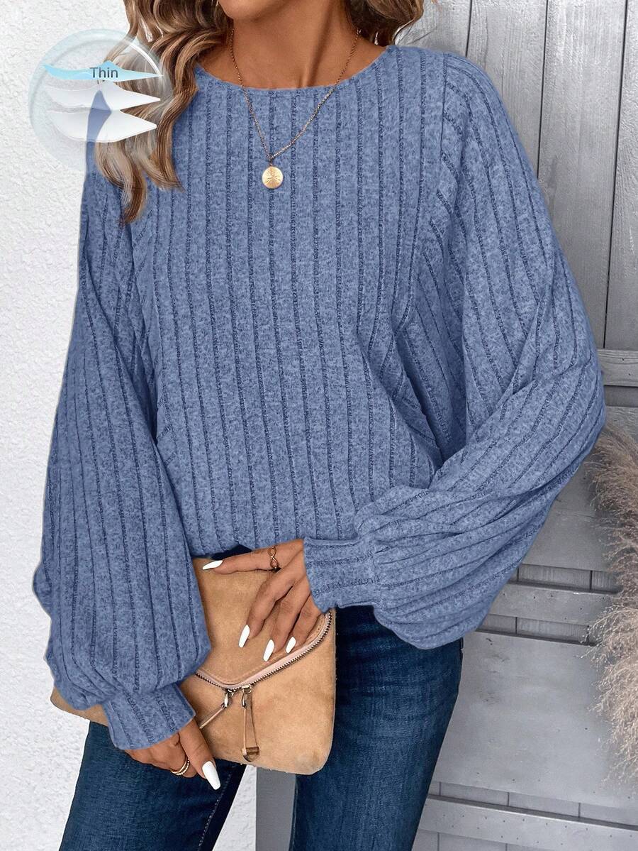 EMERY ROSE Apricot Fuzzy Ribbed Women Long Sleeve Sweatshirt,Fall - Dusty Blue - View 1