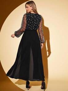 Amorya Bộ đồ liền thân tay phồng lưới cổ chữ V thanh lịch mới dành cho nữ, đa năng để mặc hàng ngày, tiệc trà chiều và nhiều dịp khác nhau - màu đen - Xem 2