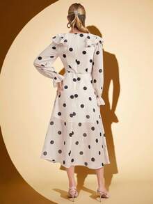 Amorya Robe longue vintage élégante à col V, volants et taille à pois, coupe évasée. Convient pour les sorties et de multiples occasions, automne - Multicolore - Voir 2