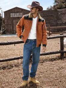 Manfinity Nomadique Men's Contrast Color Sherpa Collar Zip Front Casual Jacket Men Jackets Casual Men Bomber Jacket , Fall - Brown - View 3