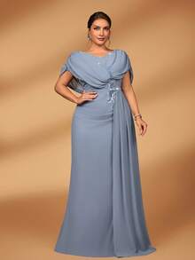 Serin Plus Size Elegant Luxurious Embroidered, Draped, Applique, Waist Cinched, A-Line Long Mother Of The Bride Dress