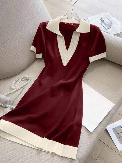 INAWLY Color Block Polo Collar Short Sleeve Knit Dress