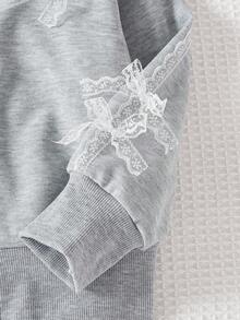 Genkimix Kids Toddler Girls Light Grey Casual Zip Up Hoodie, Jacket With Zipper And Lace Bow Details Drop Shoulder Regular Length Every Day Wear Fall Winter - Light Grey - View 5