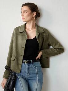 Uhlyne 女士复古经典复古硬币设计优雅休闲西装外套，配有仿口袋和纽扣，简约通勤夹克 - 軍綠色 - 查看 7
