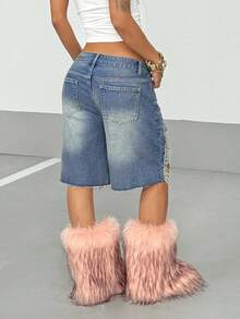 StreetHx Y2K Distressed Rhinestone Denim Shorts - Medium Wash - View 2