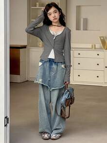 DAZY 少女甜美风格修身T恤，秋季 - 灰色 - 查看 2