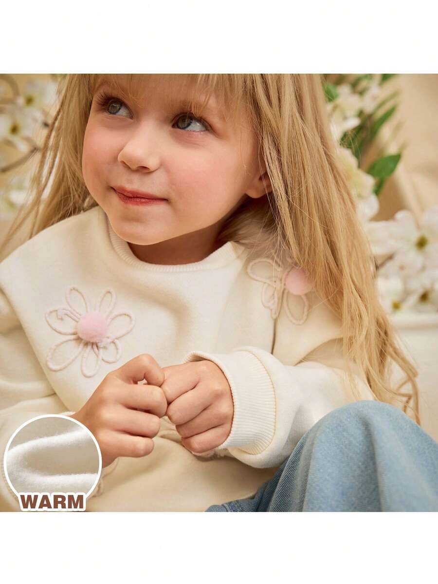 Loomiva 少女花卉图案针织柔软圆领长袖套头衫 - 白色 - 查看 1