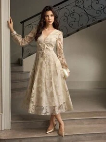 ZEYLAH V-Neck Tie-Up Cutout Long Sleeve Dress, Autumn/Winter - Apricot - View 6