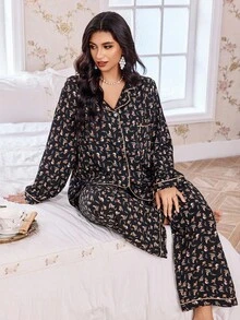 CottageSlumber Floral Print Open Front Collar Long Sleeve Top & Pants Plus Size Women Pajama Set, Fall Winter Clothes - Multicolor - View 1