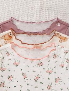 SHEIN 6 piezas Conjunto de pijama de verano para bebé niña con estampado de fresa, cuello redondo, manga corta, pantalón corto, de punto, suave y transpirable. Conjunto de pijama para bebé recién nacido. 4 piezas Conjunto de pijama casual para bebé niña con estampado sólido y de colores neutros, ropa de bebé unisex. - Multicolor - Ver 5