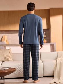 Manfinity Underwear&Sleepwear Basics 男士纯色圆领长袖上衣和格子裤睡衣套装，格子家居服，男士睡衣，秋冬服装 - 寶藍色 - 查看 2