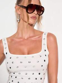 KIZN Studded White Tank Top Women Sleeveless Square Neck Crop Fitted Summer Casual Club Party Eyelet Fashion Top With Metallic Grommets Polka Dot Pattern - White - View 5