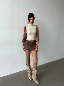 Aloruh Women's Tie-Dye Waist Belt Design Western Style Fashion Short Skirt,Brown Skirt, Fall For Women,Autumn For Women,Going Out,PU,Stylish And Simple Commuting And Casual,Y2K,Coffee Color Mini Skirt,Back To School - Brown - View 8