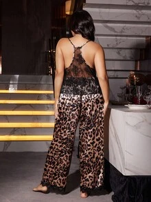 SilkySpell Plus Size Sexy Backless Lace Leopard Print Camisole And Satin Pants Sleepwear Set - Multicolor - View 5
