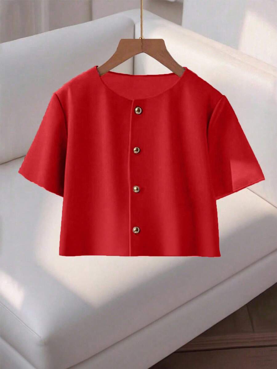 Franclia Fashionable High-End Round Neck Short Sleeve Button-Up Blouse For Women - Red - View 1
