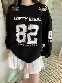 DAZY 女士休闲宽松字母印花长袖运动衫，街头风格韩国时尚秋冬 - 黑色 - 查看 4