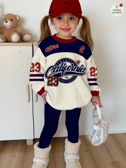 SHEIN 2 件年轻女孩休闲复古字母和数字图案，学院风，返校时尚运动衫灵感圆领长袖运动衫和紧身裤套装，适合秋冬季