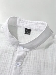 Manfinity Homme High Quality 100% Cotton Men's Solid Color Shirt, Stand-Up Collar Casual Short Sleeve Half Placket Button Shirt Pocket PU Embellishment, Suitable For Summer, Suitable For Daily Wear, Suitable For Father's Day Gift Polo Shirts For Men Men Clothing Men Shirts, Men White Top, Men S White And Gold Short Sleeve, Beach Clothes For Men White Cream - White - View 7