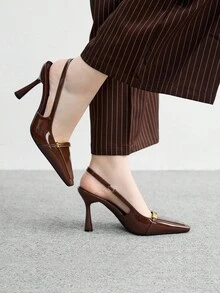 CUCCOO BIZCHIC 女士时尚棕色漆皮方头细高跟鞋，适合通勤、约会、聚会、派对等场合 - 棕色 - 查看 3