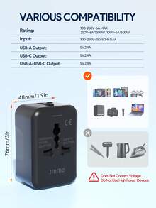 JMMO 旅行适配器，全球通用一体式旅行适配器交流电源插头适配器壁式充电器，带 USB-C 和 USB-A 充电端口，适用于美国、欧盟、英国、澳大利亚、黑色