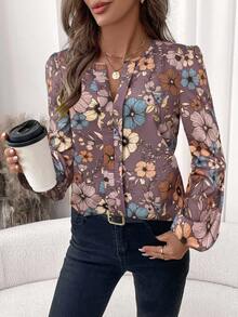 SHEIN Clasi قميص نسائي أساسه أسود مخطط بطبعات، طويل الأكمام، صالح للعمل والارتداء اليومي