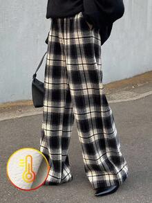 FRIFUL Calça feminina xadrez de pernas largas com forro térmico em cores contrastantes, ideal para o outono e Halloween. Pernas largas e forro térmico para o inverno. - Cinza - Ver 1
