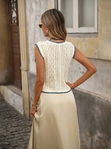 Brillora Women's Floral Embroidery Hollow Out Single-Breasted Casual Knit Vest Autumn Winter Clothes For Women