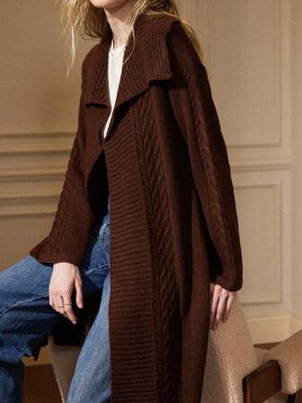 Écloséra French Retro Loose Turndown Collar Long Sleeve Cable Knit Long Cardigan, Brown, For Women, Autumn/Winter,Women's Winter Sweater,Women's Winter Coat,Brown Top