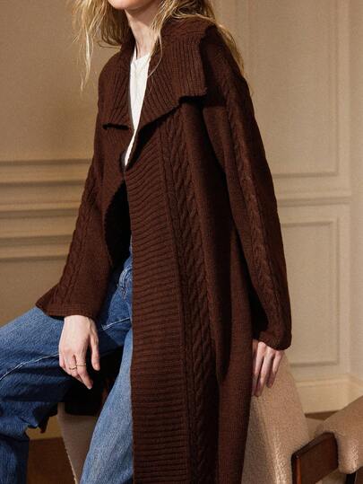Écloséra 法式复古宽松翻领长袖麻花针织长款开衫 棕色 女士 秋冬
