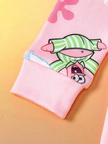 SpongeBob SquarePants | SHEIN 少女卡通全印花针织圆领紧身罗纹上衣和裤子睡衣套装 - 彩色 - 查看 5