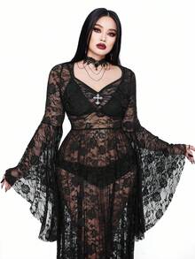 Whyspr 大码连衣裙大码秋冬女装甜心领方领泡泡袖短袖透视性感玫瑰蕾丝紧身A字拼接长裙哥特连衣裙万圣节哥特朋克 - 黑色 - 查看 7