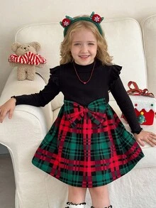 LMoss Kids LMoss Young Girl Knitted Round Neck Ruffle Hem Plaid Casual Dress,Girls Autumn Princess Birthday Christmas French Style Long Sleeve Patchwork Dress - Multicolor - View 5