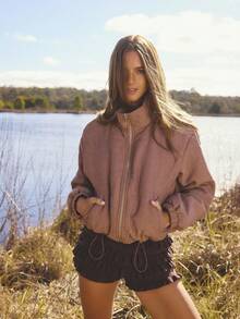 Aralina Fall Winter Cord Gold Zip Through Padded Winter Jacket With Elastic Toggle On The Inner Elastic - Brown - View 10